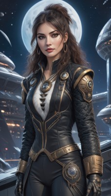 1girl,solo,long hair,breasts,looking at viewer,brown hair,shirt,gloves,long sleeves,brown eyes,jewelry,medium breasts,standing,weapon,cowboy shot,earrings,sky,black gloves,pants,armor,lips,black jacket,makeup,night,wavy hair,black pants,moon,star (sky),night sky,full moon,starry sky,science fiction,hoop earrings,arms at sides,red lips,planet,closed mouth,white shirt,ponytail,outdoors,artist name,parted bangs,bodysuit,forehead,half updo,curly hair,realistic,nose