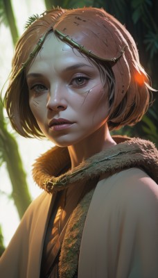 1girl,solo,looking at viewer,short hair,brown hair,brown eyes,jewelry,upper body,parted lips,teeth,artist name,necklace,blurry,lips,fur trim,eyelashes,blurry background,sunlight,bob cut,plant,freckles,realistic,nose,earrings,watermark,facial mark,nature,backlighting,facepaint,dirty