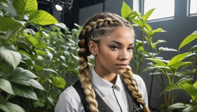 1girl,solo,long hair,looking at viewer,blonde hair,brown hair,shirt,twintails,brown eyes,jewelry,closed mouth,white shirt,upper body,braid,multicolored hair,earrings,collared shirt,indoors,black eyes,vest,twin braids,two-tone hair,lips,window,leaf,plant,portrait,black vest,realistic,nose,multiple braids,artist name,watermark,piercing,sunlight,hair over shoulder,freckles,stud earrings