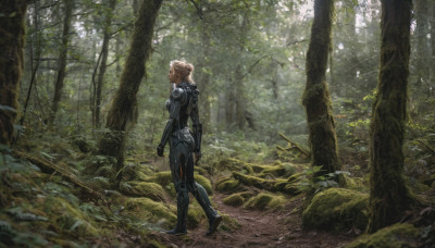 1girl, solo, short hair, blonde hair, outdoors, tree, bodysuit, nature, scenery, forest, walking, science fiction, realistic