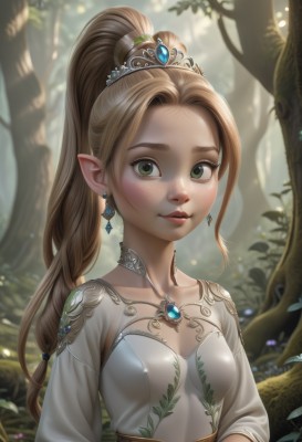 1girl,solo,long hair,breasts,looking at viewer,blonde hair,brown hair,long sleeves,dress,jewelry,green eyes,collarbone,upper body,ponytail,earrings,small breasts,outdoors,parted lips,choker,day,pointy ears,necklace,white dress,blurry,tree,lips,blurry background,tiara,high ponytail,elf,gem,nature,forest,freckles,bangs,cleavage,artist name,realistic,nose