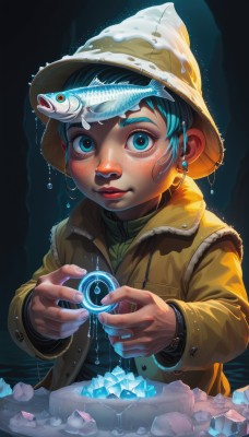 1girl,solo,looking at viewer,short hair,blue eyes,long sleeves,1boy,hat,jewelry,blue hair,jacket,upper body,male focus,earrings,artist name,water,lips,coat,fingernails,wet,glowing,turtleneck,child,freckles,fish,ice,nose,blush,vest,aqua eyes,aqua hair,rock