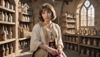 1girl,solo,looking at viewer,smile,short hair,bangs,skirt,brown hair,shirt,long sleeves,brown eyes,jewelry,closed mouth,standing,collarbone,white shirt,earrings,day,indoors,wide sleeves,necklace,bracelet,lips,head tilt,window,red skirt,sunlight,own hands together,bottle,realistic,fantasy,wall,shelf,jar,breasts,cleavage,medium breasts,bag,scenery,handbag,shop