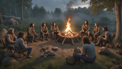 1girl,long hair,short hair,brown hair,shirt,black hair,holding,sitting,weapon,short sleeves,male focus,boots,outdoors,food,multiple boys,sky,barefoot,pants,cloud,tree,facial hair,chair,grass,fire,blue shirt,denim,t-shirt,nature,beard,forest,smoke,6+boys,rock,blue pants,indian style,cooking,burning,log,tent,campfire,smile,hat,jacket,white shirt,sleeveless,belt,medium hair,necklace,bag,looking at another,vest,night,backpack,cloudy sky,tank top,baseball cap,brown jacket,jeans,mustache,bald