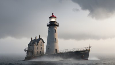 outdoors,sky,cloud,water,no humans,ocean,cloudy sky,building,scenery,smoke,watercraft,ship,tower,boat,fog,grey sky,chimney,window,horizon,clock,smokestack,clock tower