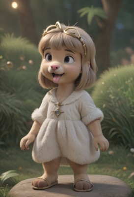 1girl,solo,blush,smile,short hair,open mouth,bangs,brown hair,brown eyes,jewelry,standing,full body,outdoors,day,tongue,artist name,signature,tongue out,medium hair,necklace,blurry,tree,fur trim,depth of field,blurry background,grass,tiara,child,nature,:p,furry,forest,furry female,female child,male child,fur,blonde hair,animal ears,sandals,sunlight,goggles,dog ears,goggles on head,dog,robe,dog girl,bush