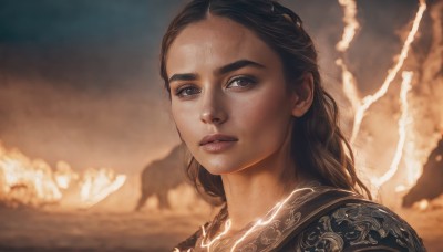 1girl,solo,long hair,looking at viewer,blue eyes,brown hair,black hair,outdoors,parted lips,sky,cloud,armor,blurry,black eyes,lips,grey eyes,blurry background,cloudy sky,portrait,freckles,realistic,nose,fantasy,horse,brown eyes,closed mouth,braid,forehead