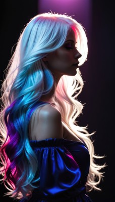 1girl,solo,long hair,breasts,dress,bare shoulders,jewelry,medium breasts,closed mouth,blue hair,purple eyes,closed eyes,upper body,pink hair,white hair,multicolored hair,puffy sleeves,dark skin,off shoulder,from side,dark-skinned female,lips,streaked hair,profile,makeup,blue dress,wavy hair,black background,eyeshadow,nose,off-shoulder dress,earrings,artist name,signature,black dress,eyelashes,gradient hair,lipstick,backlighting,stud earrings,light,mascara