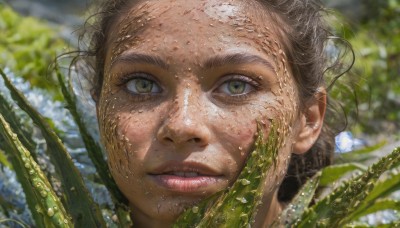 1girl,solo,looking at viewer,brown hair,brown eyes,green eyes,yellow eyes,flower,outdoors,parted lips,day,blurry,lips,eyelashes,depth of field,blurry background,leaf,sunlight,plant,portrait,close-up,freckles,realistic,nose,dappled sunlight,1boy,male focus,teeth,bug,dirty