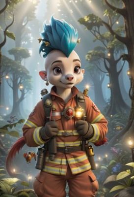 solo,smile,gloves,1boy,animal ears,brown eyes,jewelry,blue hair,tail,weapon,flower,male focus,earrings,outdoors,horns,pointy ears,belt,tree,sparkle,leaf,nature,furry,forest,furry male,male child,mohawk,jacket,sky,teeth,artist name,gun,plant