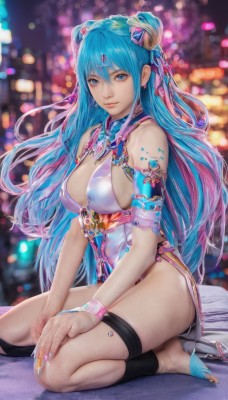 1girl,solo,long hair,breasts,looking at viewer,smile,bangs,blue eyes,large breasts,hair ornament,dress,cleavage,bare shoulders,jewelry,medium breasts,sitting,blue hair,full body,pink hair,thighs,multicolored hair,earrings,shoes,barefoot,hair bun,nail polish,blurry,high heels,bracelet,two-tone hair,lips,kneeling,double bun,gradient hair,thigh strap,blurry background,chinese clothes,wristband,china dress,pelvic curtain,seiza,hair between eyes