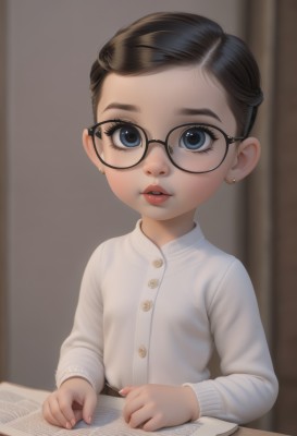 1girl,solo,looking at viewer,short hair,blue eyes,brown hair,shirt,black hair,long sleeves,holding,jewelry,white shirt,upper body,earrings,parted lips,glasses,teeth,indoors,blurry,lips,fingernails,book,eyelashes,buttons,blurry background,child,black-framed eyewear,open book,round eyewear,female child,stud earrings,pencil,table,realistic,nose