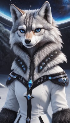 solo,looking at viewer,blue eyes,long sleeves,jewelry,closed mouth,upper body,sky,coat,fur trim,no humans,animal,scar,brooch,gem,star (sky),furry,colored sclera,fur collar,furry female,white coat,winter clothes,space,body fur,white fur,fur-trimmed coat,planet,wolf,winter coat,earth (planet),fluffy,1boy,male focus,starry sky,furry male