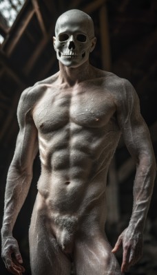 solo,looking at viewer,1boy,navel,nipples,standing,male focus,nude,cowboy shot,penis,teeth,blurry,pubic hair,completely nude,mask,muscular,blurry background,abs,pectorals,muscular male,male pubic hair,bara,veins,skull,realistic,bald,grey skin,flaccid,horror (theme),groin,uncensored