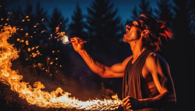 solo,open mouth,black hair,1boy,holding,jewelry,upper body,male focus,earrings,outdoors,necklace,blurry,tree,night,facial hair,fire,nature,forest,burning,bare shoulders,sky,tongue,tongue out,from side,profile,glowing,tank top,looking up,night sky,stubble,topknot