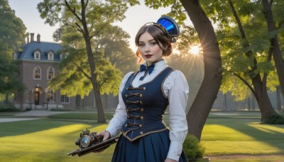 1girl,solo,breasts,looking at viewer,smile,short hair,blue eyes,skirt,brown hair,shirt,black hair,long sleeves,hat,bow,ribbon,holding,standing,white shirt,outdoors,parted lips,day,vest,tree,lips,blue skirt,window,makeup,buttons,sunlight,grass,blue ribbon,lipstick,building,scenery,freckles,camera,red lips,blue vest,house,holding camera,hair ornament,closed mouth,sky,hair bun