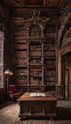 indoors,book,no humans,chair,table,scenery,wooden floor,paper,open book,bookshelf,lamp,stool,shelf,book stack,library,ceiling,ladder,voile,desk,candlestand