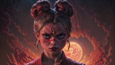 1girl,solo,looking at viewer,brown hair,hair ornament,brown eyes,jewelry,earrings,parted lips,sky,cloud,dark skin,hair bun,dark-skinned female,lips,double bun,blood,makeup,night,facial mark,moon,lipstick,gem,portrait,full moon,smoke,blood on face,red lips,straight-on,forehead jewel,black hair,black eyes,eyelashes,backlighting,freckles,nose,updo