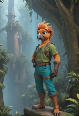 solo,blue eyes,shirt,gloves,1boy,standing,full body,short sleeves,male focus,boots,outdoors,day,belt,pants,artist name,bag,orange hair,tree,hand on hip,bird,leaf,backpack,plant,nature,furry,brown gloves,forest,green shirt,furry male,beak,leather belt,smile,brown hair,jewelry,necklace,mask,feathers,claws,pillar,talons,moss