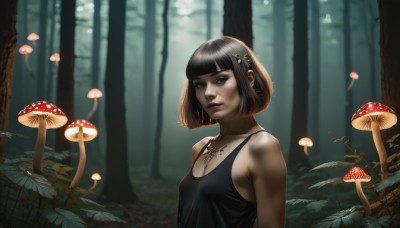 1girl,solo,breasts,looking at viewer,short hair,bangs,brown hair,black hair,hair ornament,cleavage,bare shoulders,brown eyes,jewelry,medium breasts,closed mouth,collarbone,upper body,small breasts,outdoors,hairclip,artist name,signature,blunt bangs,blurry,black eyes,tree,lips,sideboob,tattoo,makeup,depth of field,blurry background,bob cut,tank top,nature,camisole,forest,realistic,nose,mushroom,hat,parted lips,day,necklace