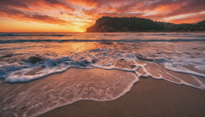 outdoors, sky, cloud, water, dutch angle, no humans, ocean, beach, cloudy sky, nature, scenery, sunset, sand, horizon, waves, shore, orange sky