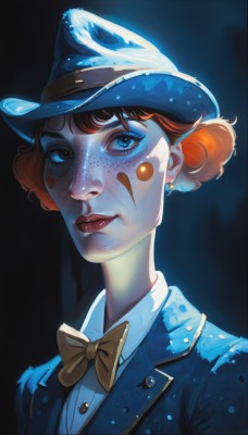 1girl,solo,looking at viewer,smile,short hair,bangs,blue eyes,brown hair,shirt,hat,bow,jewelry,closed mouth,jacket,white shirt,upper body,earrings,collared shirt,artist name,bowtie,hair bun,orange hair,lips,eyelashes,makeup,buttons,facial mark,formal,lipstick,blue jacket,portrait,yellow bow,eyeshadow,blue headwear,freckles,nose,red lips,facepaint,yellow bowtie,suit,top hat,stud earrings,dark background,clown