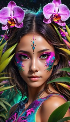 1girl,solo,long hair,looking at viewer,brown hair,hair ornament,bare shoulders,jewelry,closed mouth,green eyes,upper body,flower,earrings,sleeveless,shiny,artist name,hair flower,dark skin,dark-skinned female,lips,eyelashes,makeup,leaf,watermark,facial mark,piercing,plant,lipstick,portrait,web address,light particles,pink flower,eyeshadow,pink lips,realistic,nose,eyeliner,facepaint,mascara,blue shirt,gem,freckles