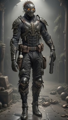 solo,looking at viewer,1boy,holding,standing,full body,weapon,male focus,boots,belt,holding weapon,armor,tree,orange eyes,gun,mask,glowing,helmet,shoulder armor,holding gun,glowing eyes,handgun,pauldrons,skull,pouch,knee pads,greaves,belt pouch,explosive,gas mask,holstered weapon,gauntlets,armored boots,pillar,full armor,ammunition