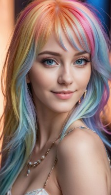 1girl,solo,long hair,breasts,looking at viewer,smile,bangs,blue eyes,blonde hair,cleavage,bare shoulders,jewelry,medium breasts,closed mouth,blue hair,upper body,pink hair,multicolored hair,earrings,necklace,blurry,two-tone hair,lips,streaked hair,eyelashes,makeup,eyeshadow,freckles,realistic,nose,mascara,rainbow hair,parted lips,artist name,gradient hair,watermark,web address