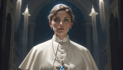 1girl,solo,looking at viewer,short hair,brown hair,shirt,brown eyes,jewelry,white shirt,upper body,earrings,parted lips,indoors,necklace,blurry,lips,capelet,blurry background,cross,realistic,nose,candle,cross necklace,white capelet,church,priest,blue eyes,blonde hair,grey eyes,portrait,pendant,robe