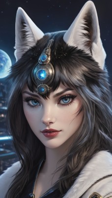 1girl,solo,long hair,looking at viewer,blue eyes,brown hair,black hair,animal ears,jewelry,closed mouth,sky,artist name,hood,lips,fur trim,fox ears,eyelashes,makeup,night,moon,lipstick,gem,portrait,star (sky),eyeshadow,starry sky,freckles,realistic,nose,red lips,eyeliner,smile,bangs,hair ornament,necklace,animal ear fluff,wolf ears,night sky,full moon,headpiece