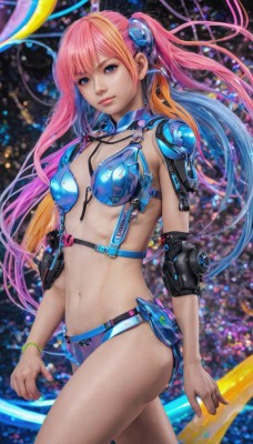 1girl,solo,long hair,breasts,looking at viewer,blue eyes,blonde hair,navel,twintails,jewelry,blue hair,swimsuit,pink hair,bikini,multicolored hair,cowboy shot,small breasts,orange hair,bracelet,two-tone hair,lips,gradient hair,science fiction,realistic,nose,cable,cyborg,hair ornament,medium breasts,belt,watermark,pouch,elbow pads