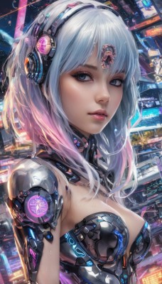 1girl,solo,long hair,breasts,looking at viewer,short hair,bangs,blue eyes,cleavage,medium breasts,closed mouth,upper body,pink hair,white hair,multicolored hair,parted lips,armor,lips,eyelashes,gradient hair,makeup,headgear,headphones,watermark,science fiction,pink lips,realistic,nose,android,cable,cyborg,robot joints,cyberpunk,from side,robot,mechanical parts