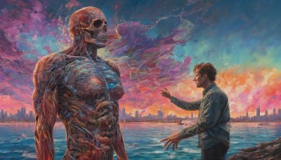 short hair,brown hair,shirt,long sleeves,1boy,standing,jacket,male focus,outdoors,multiple boys,sky,teeth,pants,cloud,2boys,water,looking at another,ocean,cloudy sky,building,scenery,smoke,science fiction,sunset,monster,cigarette,city,realistic,smoking,cityscape,giant,alien,black hair,collared shirt,muscular,black pants,skyline