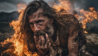 solo,long hair,looking at viewer,blue eyes,black hair,1boy,bare shoulders,jewelry,male focus,outdoors,hand up,necklace,blurry,grey eyes,tattoo,mask,blurry background,facial hair,fire,beard,realistic,burning,upper body,black eyes,mustache,molten rock