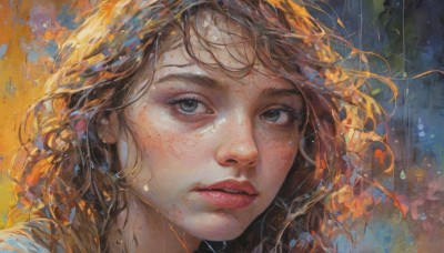 1girl,solo,long hair,looking at viewer,blue eyes,brown hair,parted lips,teeth,lips,grey eyes,portrait,freckles,rain,realistic,nose,red lips,bangs,orange hair,eyelashes,traditional media,water drop,painting (medium)