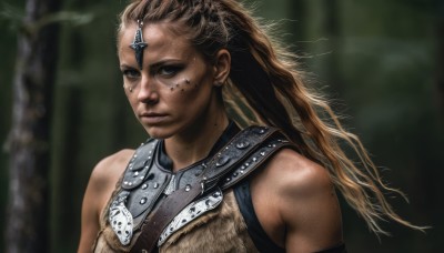 1girl,solo,long hair,looking at viewer,blue eyes,blonde hair,brown hair,bare shoulders,jewelry,upper body,sleeveless,dark skin,armor,blurry,lips,blurry background,realistic,nose,dirty,earrings,facial mark,piercing,nature,forest,freckles,forehead mark,facepaint,nose piercing,eyebrow piercing