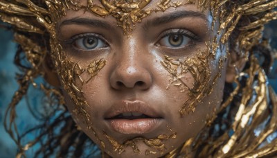 1girl,solo,looking at viewer,open mouth,brown hair,black hair,brown eyes,parted lips,teeth,blurry,lips,eyelashes,depth of field,blurry background,portrait,close-up,freckles,realistic,nose,gold,shiny