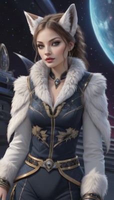 1girl,solo,long hair,breasts,looking at viewer,brown hair,long sleeves,animal ears,cleavage,brown eyes,jewelry,medium breasts,green eyes,braid,cowboy shot,earrings,parted lips,choker,belt,pants,cat ears,lips,fur trim,makeup,lipstick,gem,star (sky),nose,red lips,space,planet,earth (planet),gloves,artist name,signature,necklace,fox ears,fake animal ears,wolf ears,forehead,eyeshadow,realistic