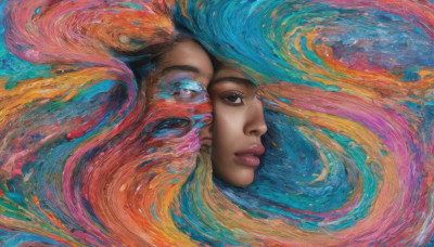 1girl, solo, looking at viewer, blue hair, multicolored hair, parted lips, dark skin, dark-skinned female, lips, eyelashes, profile, makeup, traditional media, portrait, realistic, nose, painting (medium), colorful, abstract, rainbow hair