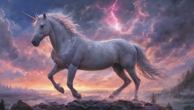 outdoors,horns,sky,cloud,tree,no humans,animal,cloudy sky,nature,scenery,single horn,forest,sunset,mountain,realistic,fantasy,electricity,horse,lightning,landscape,unicorn,signature,from side,bird,horseback riding