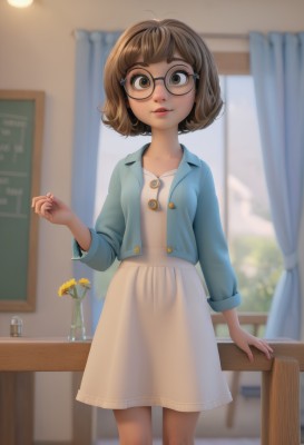 1girl,solo,looking at viewer,smile,short hair,bangs,brown hair,dress,brown eyes,standing,collarbone,jacket,flower,parted lips,glasses,day,indoors,white dress,blurry,lips,window,blurry background,table,bob cut,cardigan,curtains,blue jacket,black-framed eyewear,round eyewear,chalkboard,vase,breasts,long sleeves,nail polish,denim jacket