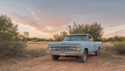 outdoors,sky,cloud,tree,no humans,cloudy sky,grass,ground vehicle,nature,scenery,motor vehicle,forest,sunset,car,road,bush,vehicle focus,evening,wheel,orange sky