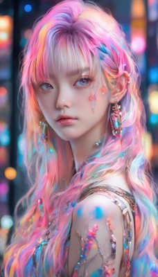 1girl,solo,long hair,looking at viewer,bangs,blue eyes,jewelry,closed mouth,upper body,pink hair,multicolored hair,earrings,blurry,from side,lips,eyelashes,makeup,depth of field,blurry background,piercing,gem,realistic,nose,bokeh,bare shoulders,artist name,necklace,streaked hair,looking to the side,watermark,wavy hair,expressionless,ear piercing,portrait