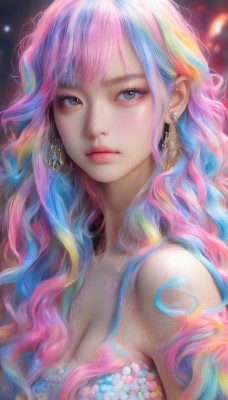 1girl,solo,long hair,breasts,looking at viewer,bangs,large breasts,cleavage,bare shoulders,jewelry,medium breasts,closed mouth,blue hair,collarbone,upper body,pink hair,multicolored hair,earrings,artist name,blurry,black eyes,two-tone hair,lips,grey eyes,eyelashes,makeup,wavy hair,eyeshadow,realistic,rainbow hair,streaked hair,expressionless,gem,nose,mascara