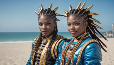 long hair,looking at viewer,smile,multiple girls,black hair,hair ornament,2girls,brown eyes,jewelry,closed mouth,upper body,earrings,outdoors,sky,day,dark skin,water,necklace,blurry,black eyes,dark-skinned female,blue sky,lips,makeup,blurry background,siblings,ocean,beach,dark-skinned male,dual persona,gold trim,nose,sand,horizon,very dark skin,dreadlocks,1girl,vest,official alternate costume,multiple views