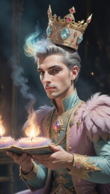 solo,looking at viewer,short hair,shirt,long sleeves,1boy,holding,brown eyes,jewelry,closed mouth,upper body,white hair,grey hair,male focus,earrings,cape,blurry,vest,lips,book,fur trim,blurry background,facial hair,fire,crown,brooch,gem,holding book,gold trim,open book,realistic,stud earrings,candle,parted lips,artist name,scar,beard,blue gemstone