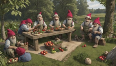 smile,shirt,hat,holding,sitting,white shirt,short sleeves,male focus,boots,outdoors,food,multiple boys,sky,day,apron,tree,fruit,facial hair,brown footwear,table,grass,nature,red headwear,beard,forest,6+boys,mustache,apple,basket,overalls,mushroom,tomato,vegetable,onion,open mouth,closed eyes,cloud,bird,animal,squatting,holding food,knife,carrot,fat,tree stump