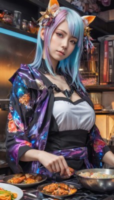 1girl,solo,long hair,breasts,looking at viewer,bangs,hair ornament,animal ears,brown eyes,jewelry,medium breasts,blue hair,upper body,pink hair,multicolored hair,earrings,parted lips,food,japanese clothes,indoors,cat ears,kimono,two-tone hair,lips,grey eyes,sash,fox ears,obi,plate,bowl,realistic,bookshelf,cooking,shelf,blue eyes,holding,cleavage,closed mouth,jacket,purple hair,knife,spoon