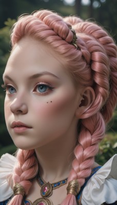 1girl,solo,long hair,looking at viewer,blue eyes,hair ornament,jewelry,pink hair,braid,parted lips,artist name,necklace,mole,blurry,twin braids,lips,eyelashes,mole under eye,makeup,depth of field,blurry background,portrait,hair over shoulder,close-up,forehead,freckles,realistic,nose,mascara,multiple braids,blush,frills,grey eyes,looking away,sunlight,gem,eyeshadow,crown braid,looking afar,blue gemstone